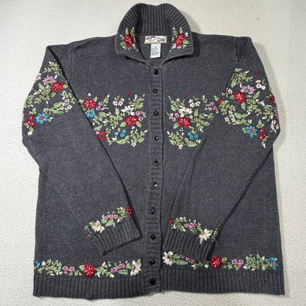 Heirloom Collectibles Cardigan Sweater Womens M Gray Floral Embroidered Mock